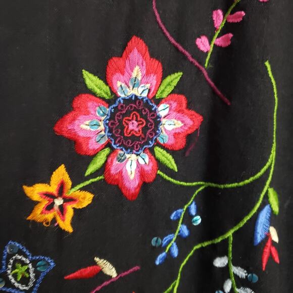 VTG Carole Little Sz 8 Black Linen Rayon‎ Peasant Skirt Floral Embroidered Boho - Picture 4 of 10